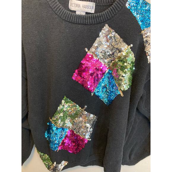 Vintage 80's Victoria Harbour Bright Sequined Long Sleeve Black Sweater Large - Picture 3 of 8